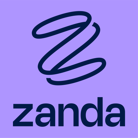 The words 'zanda' in black writing on a purple background with a black squiggled line Z above it